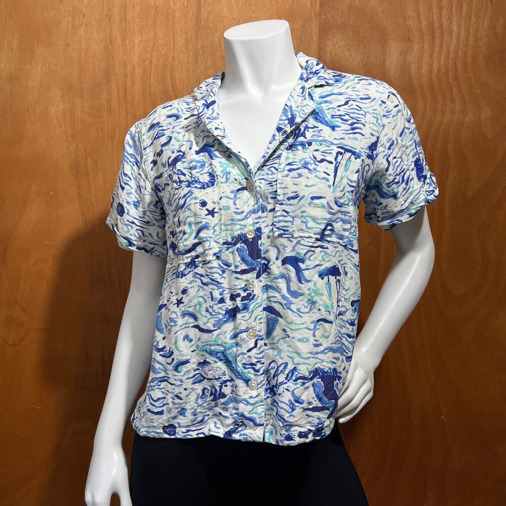 Maeve Linen Blend Coastal Surf Shirt Blue White Women’s Small